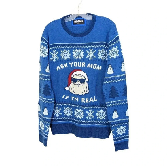 Amnesia Other - Amnesia Christmas Santa Sweater Mens Large Blue Ask Your Mom If Im Real  Funny